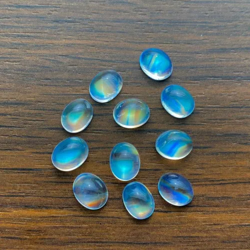 Close-up of blue adularescence in moonstone