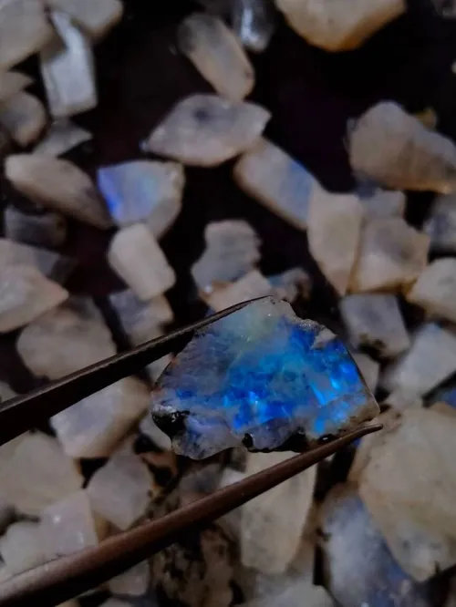 Magnified view of adularescence effect in natural moonstone